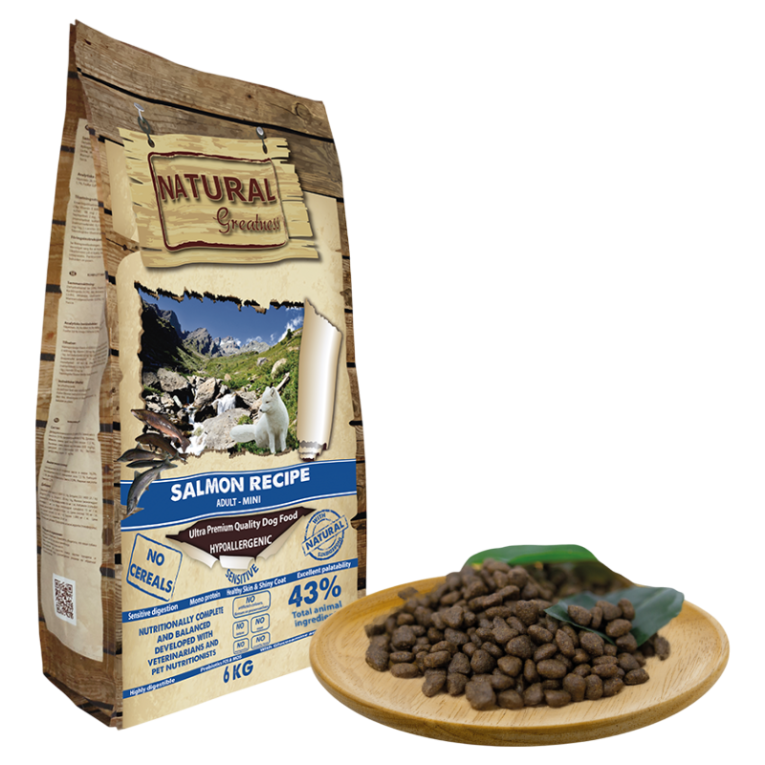 Saco Natural Greatness Salmón Sensitive Mini para perros adultos de raza pequeña con digestión sensible. Hipoalergénico y con 0.9% Omega 3.