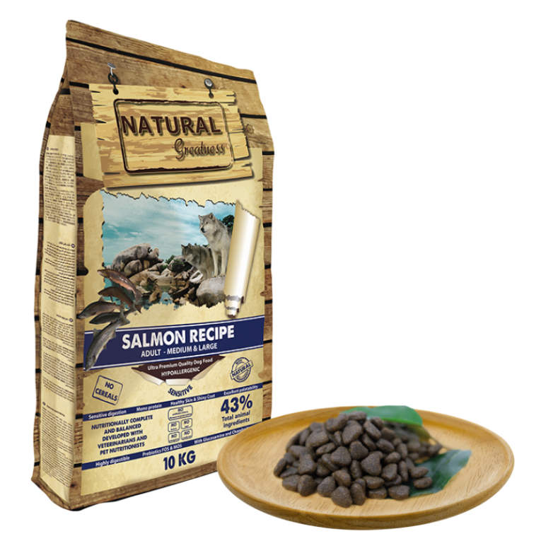 Pienso Natural Greatness salmón hipoalergénico para perros medianos y grandes sin cereales