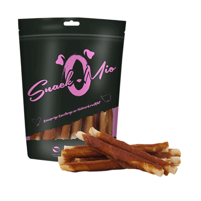 Bolsa de 70g de palitos masticables crujientes de vacuno envueltos en pechuga de pollo SnackOMio para perros en Anlú.