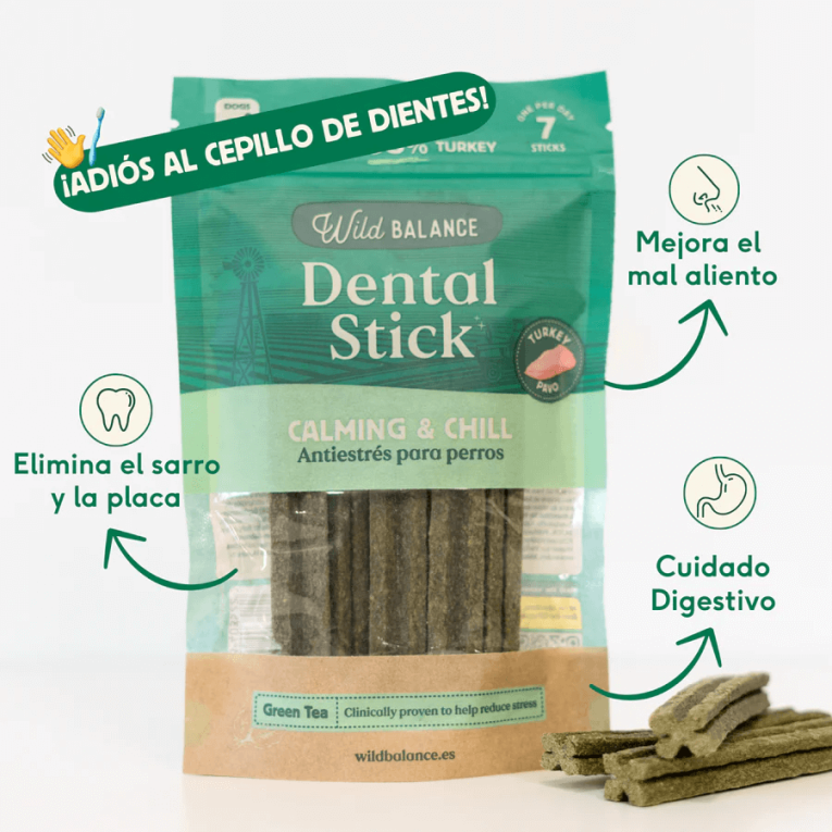 infografía sticks dentales pavo wild balance beneficios para estrés aliento fresco y sarro