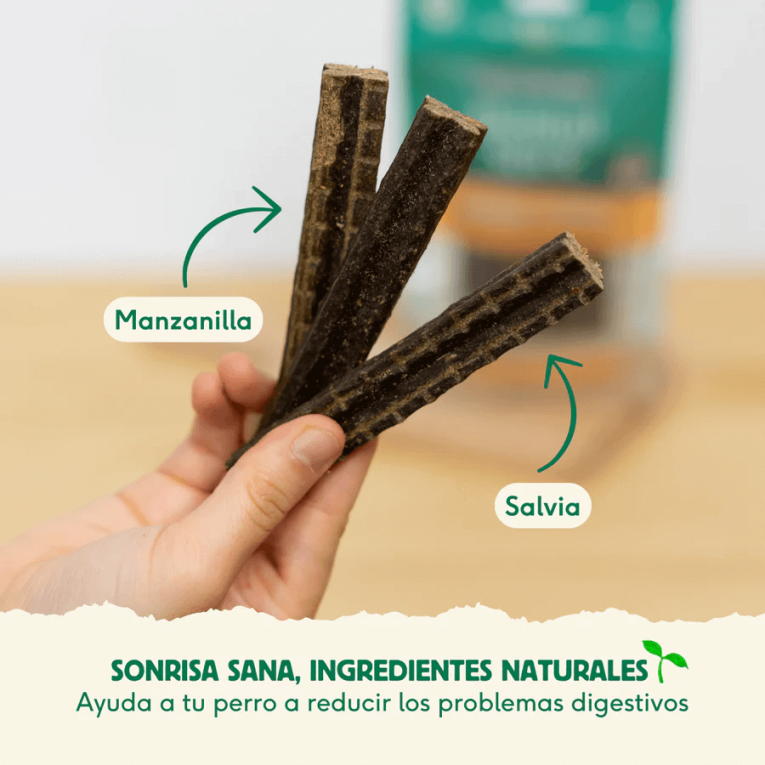 detalle ingredientes naturales manzanilla y salvia en sticks dentales de conejo wild balance