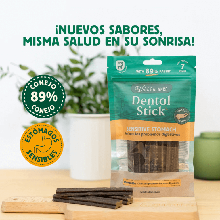 infografía beneficios sticks dentales conejo wild balance elimina sarro mejora aliento y cuidado digestivo