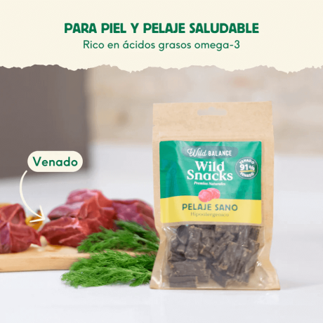 infografía ingredientes wild snacks pelaje sano de venado wild balance para piel saludable rico en omega 3 para perros