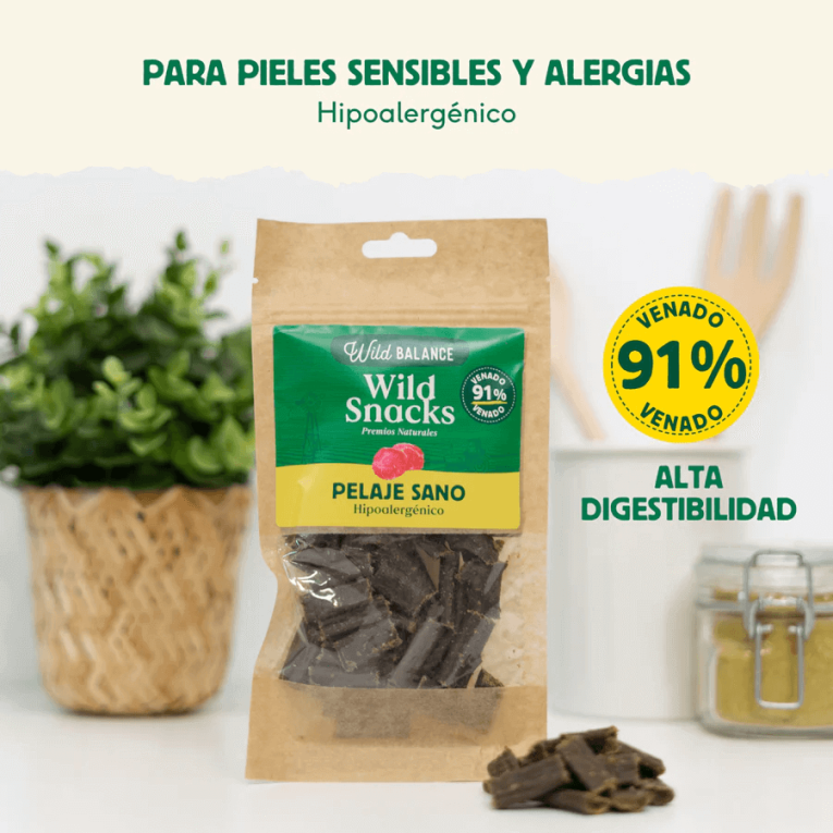 bolsa wild snacks pelaje sano de venado wild balance 75g premios hipoalergénicos para perros con piel sensible