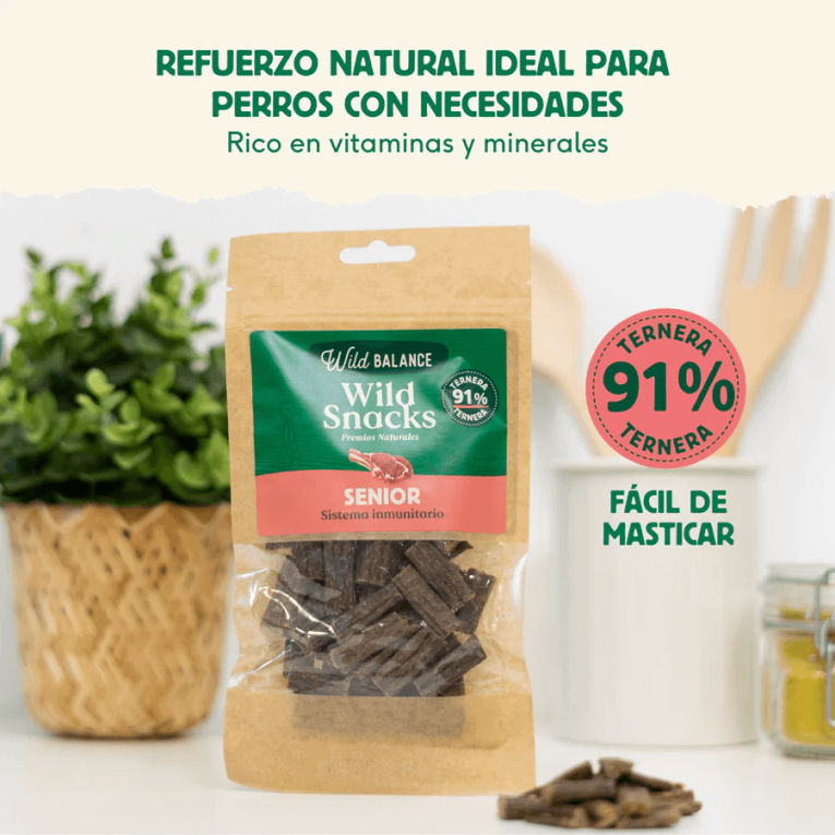 bolsa wild snacks senior de ternera wild balance 75g premios naturales fáciles de masticar para perros mayores