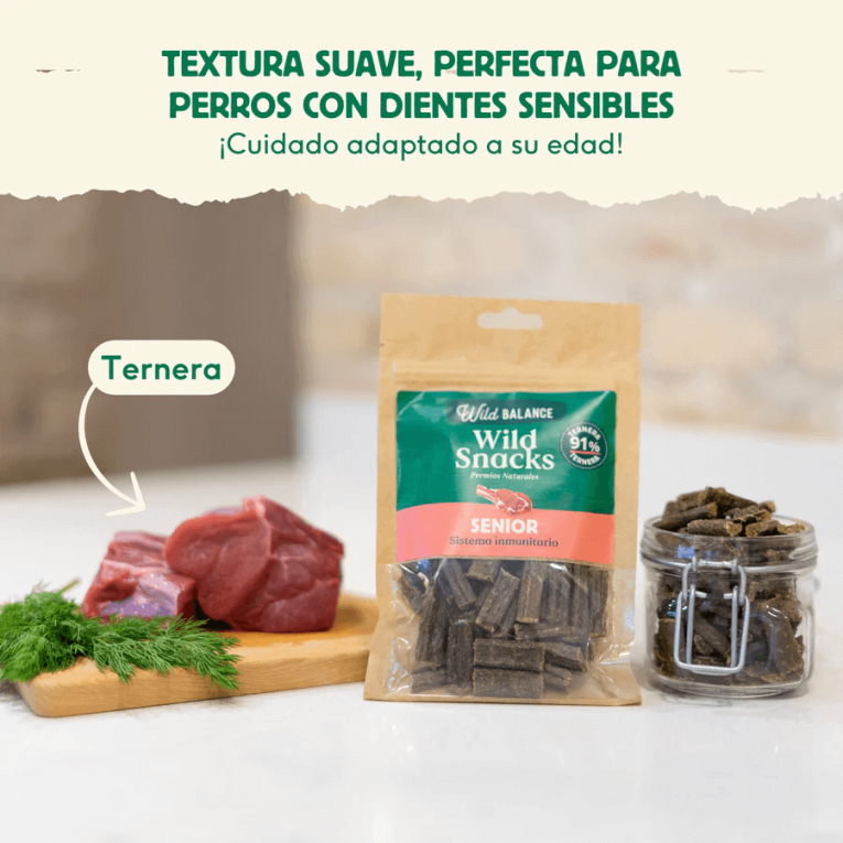 infografía ingredientes wild snacks senior de ternera wild balance con hígado y fibra de guisante para perros mayores