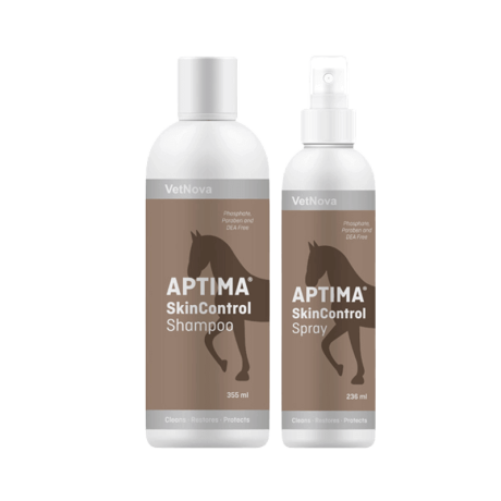 Pack SkinControl Aptima VetNova con Champú (355 ml) y Spray (236 ml), diseñado para limpiar, restaurar y proteger la piel del caballo.