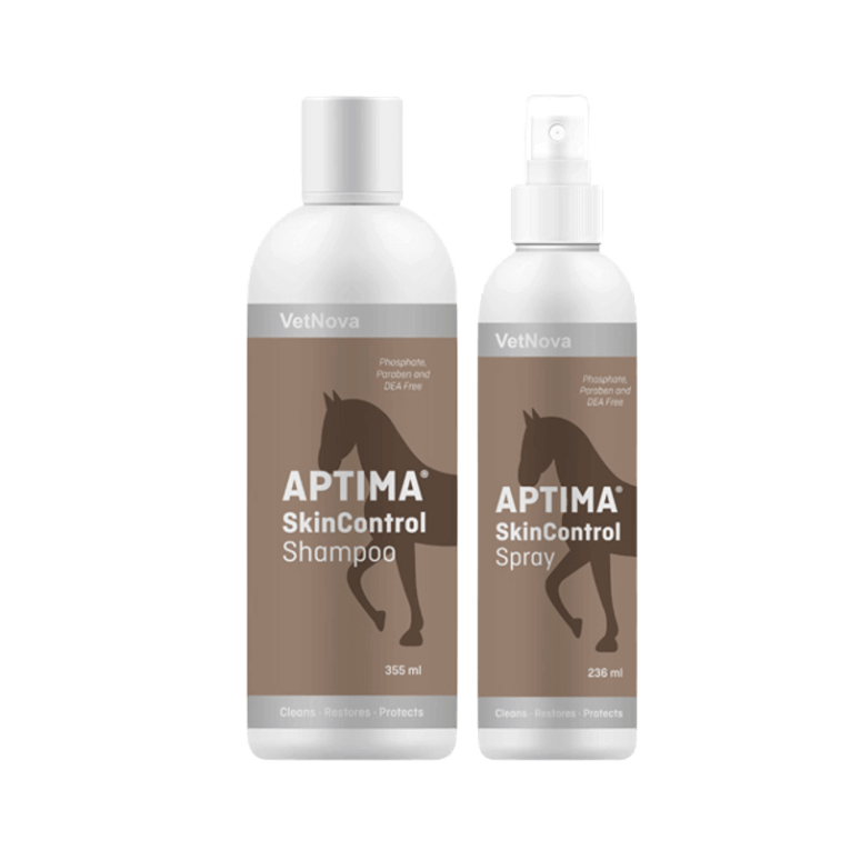 Pack SkinControl Aptima VetNova con Champú (355 ml) y Spray (236 ml), diseñado para limpiar, restaurar y proteger la piel del caballo.