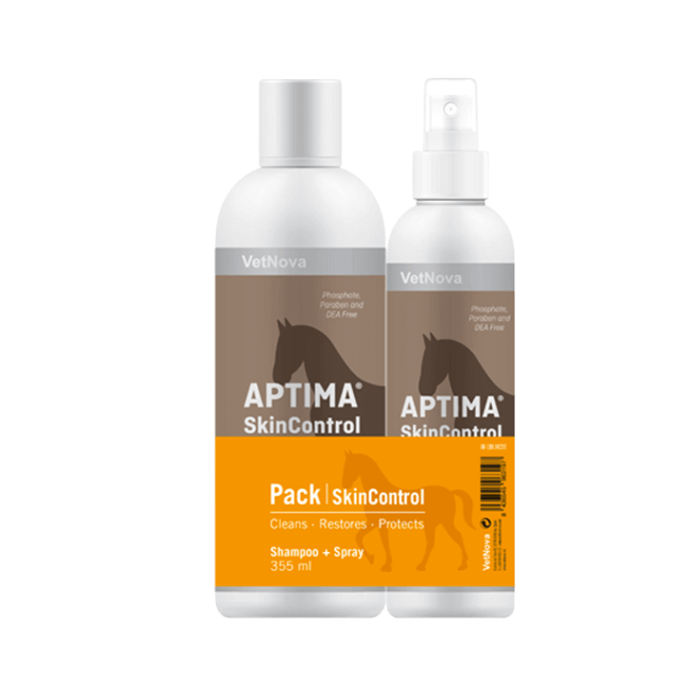 Pack SkinControl Aptima VetNova que incluye Champú y Spray (355 ml), diseñado para limpiar, restaurar y proteger la piel del caballo. Libre de Fosfatos y Parabenos.
