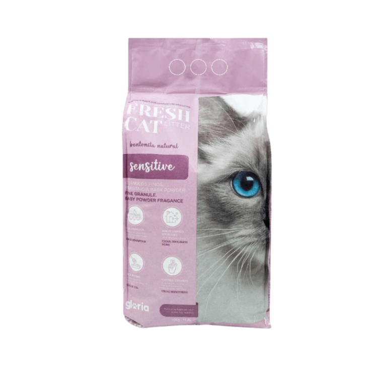 Bolsa de Arena Fresh Cat Litter de Gloria, fórmula Sensitive con fragancia a Polvo de Bebé (Baby Powder), bentonita natural, formato 10kg.
