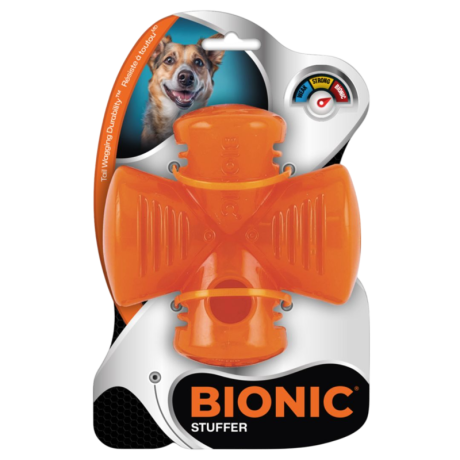 Empaque oficial del juguete BIONIC Stuffer para perros, en color naranja, destacando la alta durabilidad y la marca BIONIC.