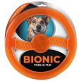 Empaque oficial del juguete BIONIC Toss N Tug color naranja. Muestra el anillo resistente y la cara sonriente de un perro feliz. Marca: Bionic.