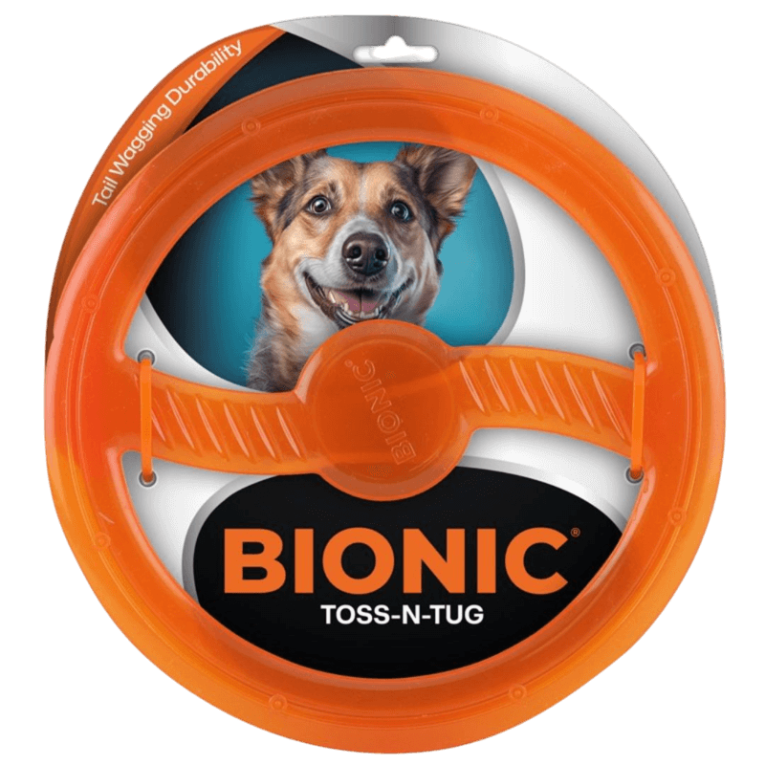 Empaque oficial del juguete BIONIC Toss N Tug color naranja. Muestra el anillo resistente y la cara sonriente de un perro feliz. Marca: Bionic.