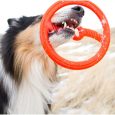 Perro de raza Collie mordiendo fuertemente el juguete Bionic Frisbee de color naranja, demostrando su durabilidad y resistencia a la mordida.
