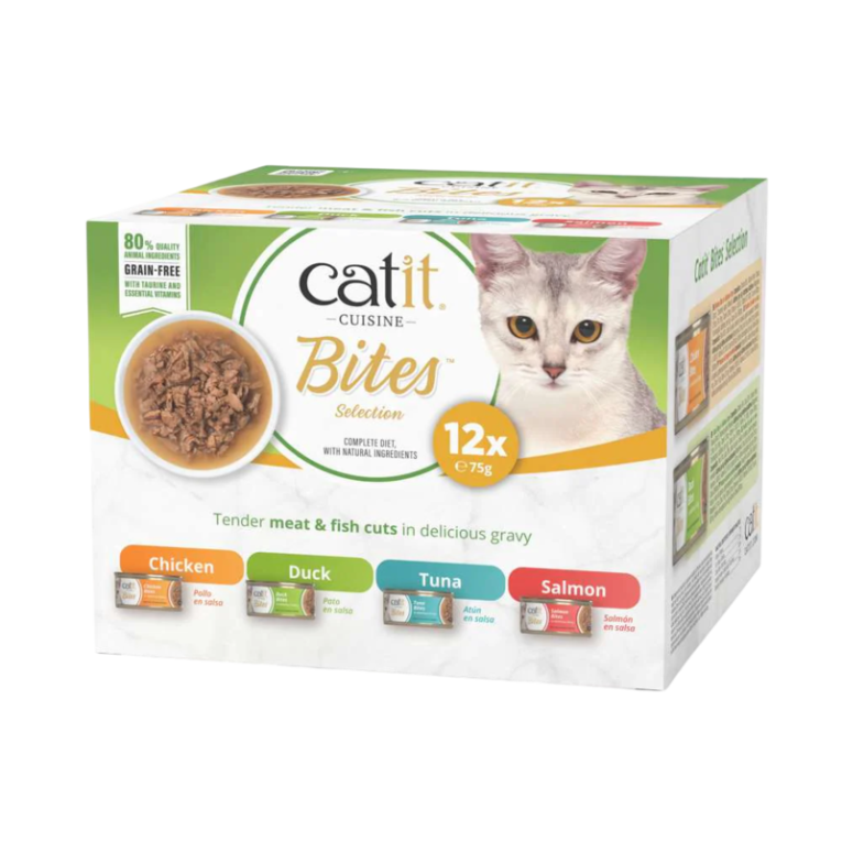 Pack Catit CUISINE Bites Selection, 12 latas de 75g de comida húmeda para gatos sin cereales, sabores Pollo, Pato, Atún y Salmón.