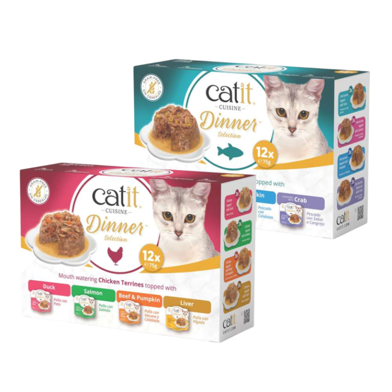 Packs Catit Dinner Selection para gato, comida húmeda sin cereales, variedades de pollo (Pato/Hígado) y pescado (Atún/Salmón/Cangrejo).