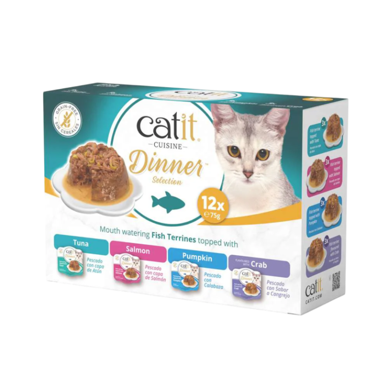 Pack Catit Dinner Selection, comida húmeda para gatos, 12 terrinas de pescado sin cereales: Atún, Salmón, Calabaza y Cangrejo.