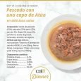 Composición y aditivos nutricionales de Catit Cuisine Dinner Pescado con Atún: 9,1% Proteína, 2,6% Grasa, y rica en vitaminas, minerales y taurina.