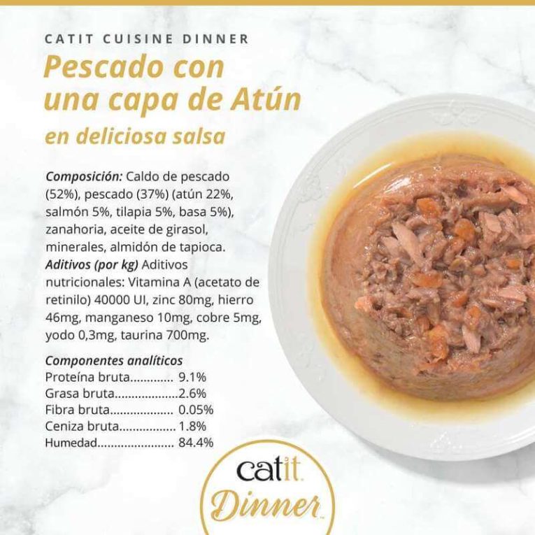 Composición y aditivos nutricionales de Catit Cuisine Dinner Pescado con Atún: 9,1% Proteína, 2,6% Grasa, y rica en vitaminas, minerales y taurina.
