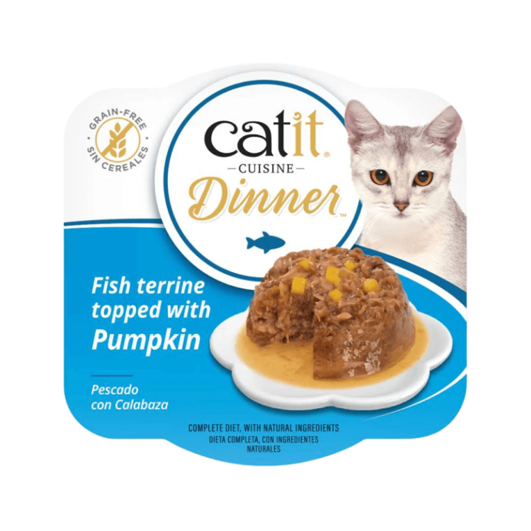 Catit Cuisine Dinner Calabaza y Pescado, alimento húmedo en tarrina para gatos, sin cereales, terrina de pescado con calabaza.