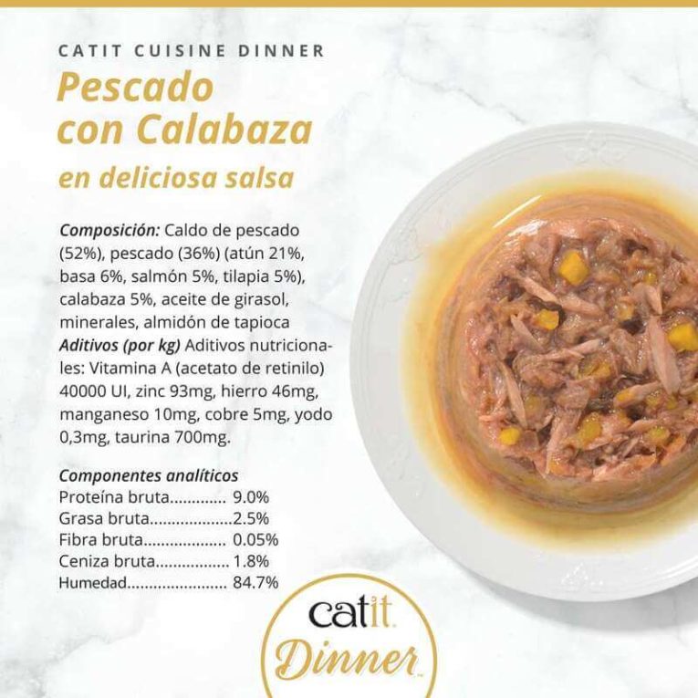 Composición y aditivos nutricionales de Catit Cuisine Dinner Pescado con Calabaza: Contiene atún, basa, salmón y calabaza, con un 9,0% de proteína y alta humedad.