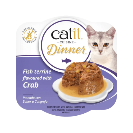 Tarrina de comida húmeda Catit Cuisine Dinner sabor Pescado con Sabor a Cangrejo, un paté completo con ingredientes naturales y sin cereales.