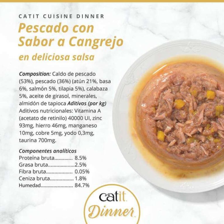 Catit Cuisine Dinner Pescado y Cangrejo, información nutricional con composición, aditivos y componentes analíticos.