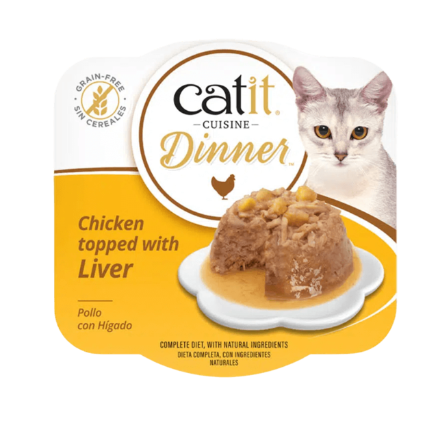 Tarrina de comida húmeda Catit Cuisine Dinner sabor Pollo con Hígado, un paté completo, nutritivo y sin cereales para la alimentación felina.
