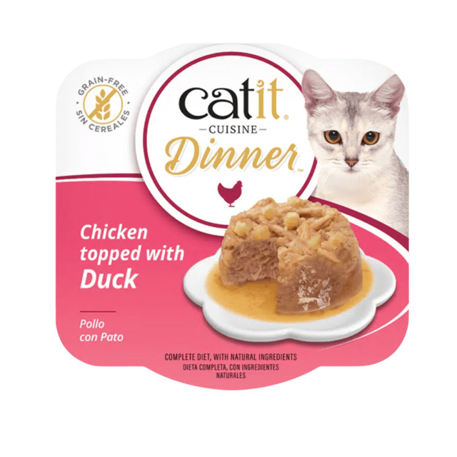 Tarrina de comida húmeda Catit Cuisine Dinner sabor Pollo con Pato, un alimento completo en formato paté sin cereales para gatos adultos.