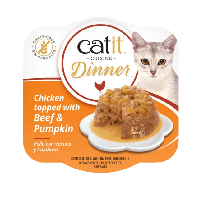 Tarrina de comida húmeda Catit Cuisine Dinner de Pollo con Vacuno y Calabaza, un paté completo y sin cereales para gatos.