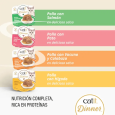 Gráfico comparativo de los cuatro sabores Catit Cuisine Dinner: Pollo con Salmón, Pato, Vacuno y Calabaza, e Hígado. Destaca la Nutrición Completa y Rica en Proteínas.