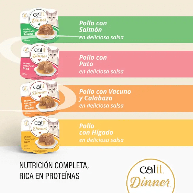 Gráfico comparativo de los cuatro sabores Catit Cuisine Dinner: Pollo con Salmón, Pato, Vacuno y Calabaza, e Hígado. Destaca la Nutrición Completa y Rica en Proteínas.