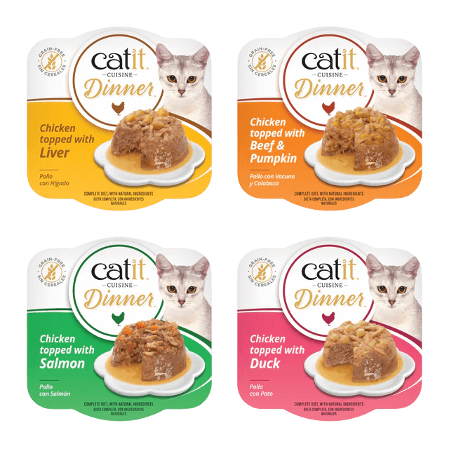 Cuatro tarrinas de comida húmeda Catit Cuisine Dinner con sabores de Pollo con Hígado, Pollo con Vacuno y Calabaza, Pollo con Salmón y Pollo con Pato. Sin cereales.