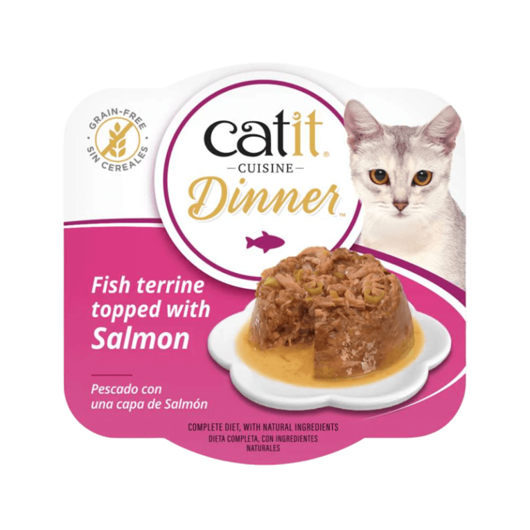 Tarrina de comida húmeda Catit Cuisine Dinner sabor Pescado con una capa de Salmón, un paté completo con ingredientes naturales y sin cereales.
