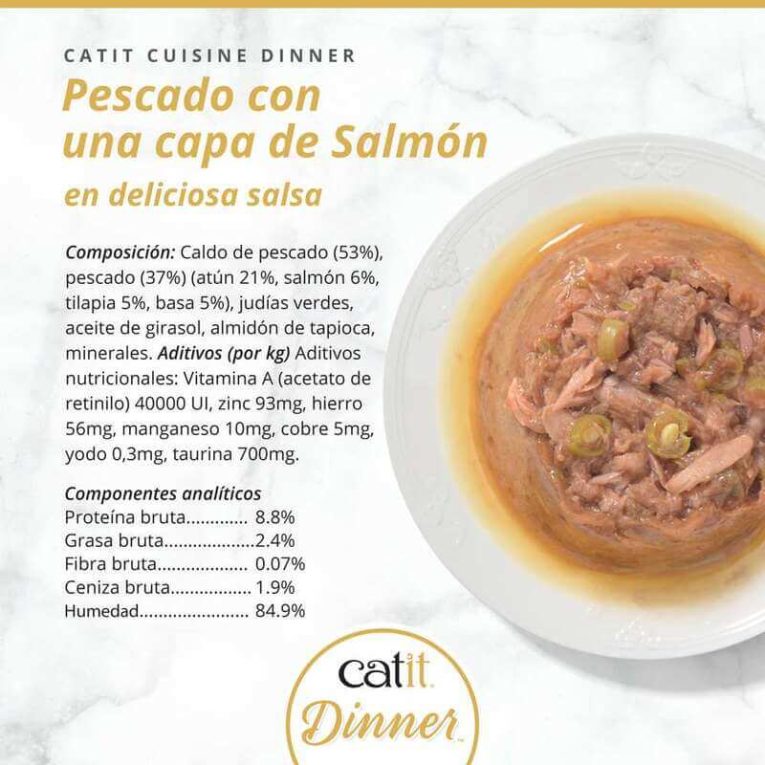 Composición y aditivos nutricionales de Catit Cuisine Dinner Pescado con Salmón: Contiene 8.8% Proteína, 2.4% Grasa, taurina y 84.9% de Humedad.