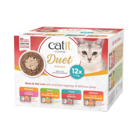 Pack Catit DUET Selection, comida húmeda para gatos, 12 latas de 75g, sin cereales, con pollo, pato, atún y salmón.