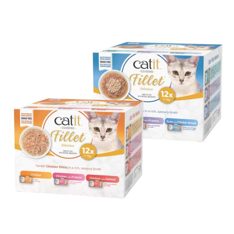 Packs Catit Fillet Selection para gato, comida húmeda de filetes en caldo, 12 latas sin cereales, variedades de pollo y pescado.