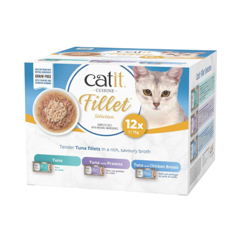 Paquete ahorro de comida húmeda Catit Cuisine Fillet Selection para gatos, con 12 tarrinas de 75g de filetes de atún, atún con gambas y atún con pechuga de pollo, sin cereales.