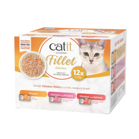 Paquete ahorro de comida húmeda Catit Cuisine Fillet Selection para gatos, con 12 tarrinas de 75g de filetes de pollo, pollo con salmón y pollo con gambas, sin cereales.