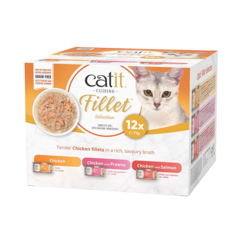 Paquete ahorro de comida húmeda Catit Cuisine Fillet Selection para gatos, con 12 tarrinas de 75g de filetes de pollo, pollo con salmón y pollo con gambas, sin cereales.