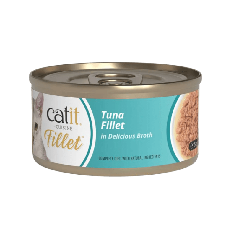 Lata individual Catit Cuisine Fillet de Atún Puro (Tuna Fillet) en un delicioso caldo para gato.