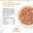 Composición nutricional y foto del interior de Catit Cuisine Fillet Atún Puro desmenuzado en caldo: Atún 60%, 19% Proteína, 0.5% Grasa, 78% Humedad.