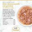 Composición nutricional y foto del interior de Catit Cuisine Fillet Atún desmenuzado con Gambas: 19% Proteína, 0.5% Grasa, 78% Humedad.