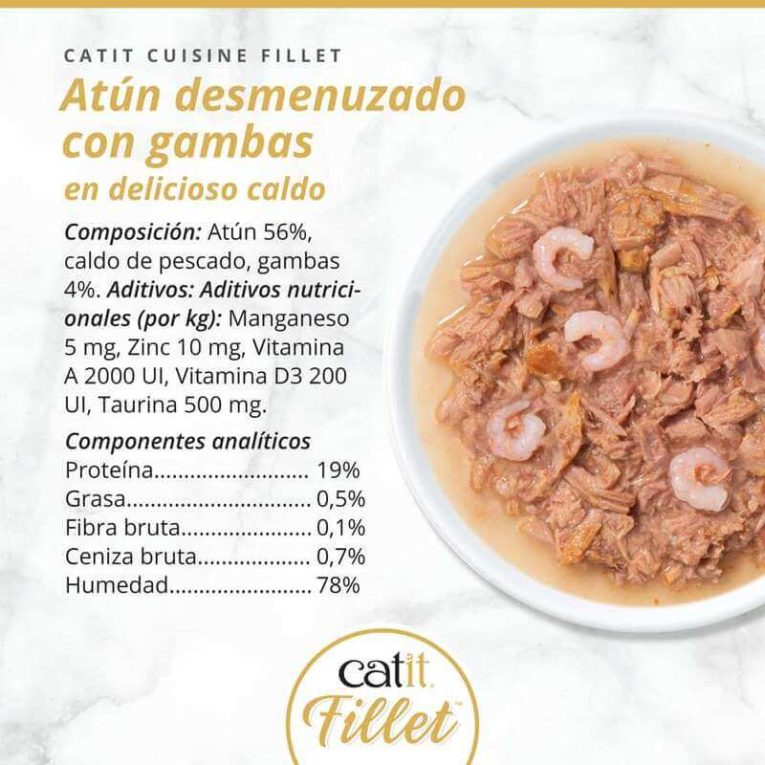 Composición nutricional y foto del interior de Catit Cuisine Fillet Atún desmenuzado con Gambas: 19% Proteína, 0.5% Grasa, 78% Humedad.