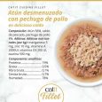 Composición nutricional y foto del interior de Catit Cuisine Fillet Atún desmenuzado con Pechuga de Pollo: 19% Proteína, 0.5% Grasa, 78% Humedad.
