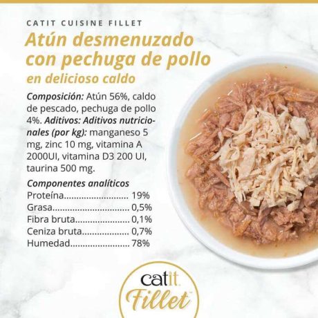 Composición nutricional y foto del interior de Catit Cuisine Fillet Atún desmenuzado con Pechuga de Pollo: 19% Proteína, 0.5% Grasa, 78% Humedad.