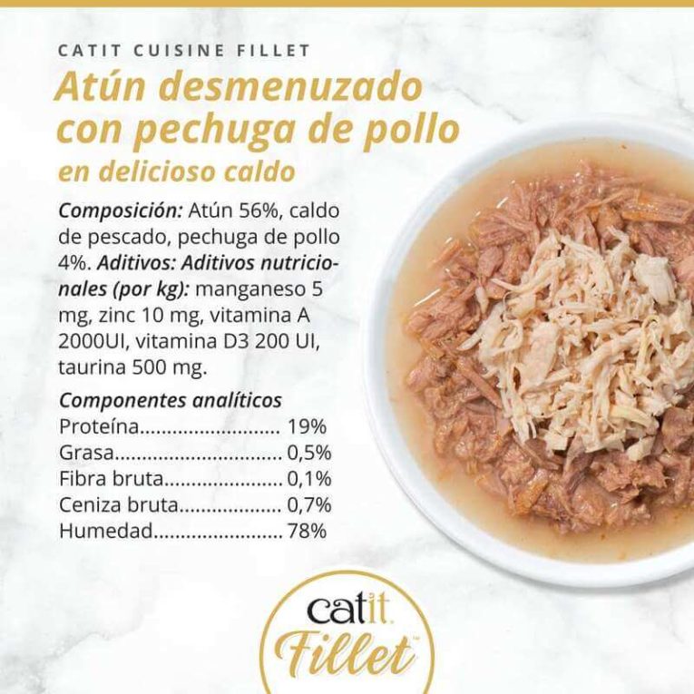 Composición nutricional y foto del interior de Catit Cuisine Fillet Atún desmenuzado con Pechuga de Pollo: 19% Proteína, 0.5% Grasa, 78% Humedad.