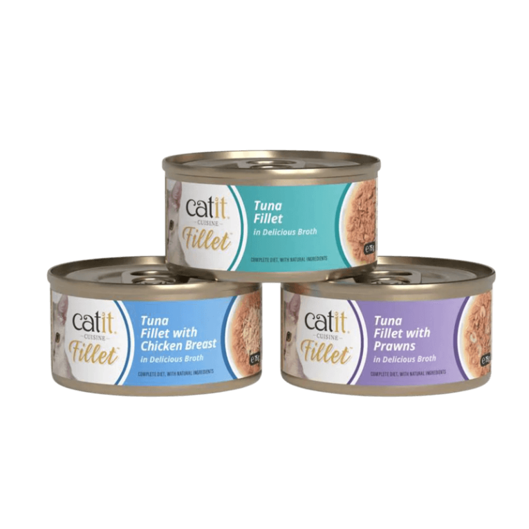 Tres latas Catit Cuisine Fillet de Atún: Atún, Atún con Pechuga de Pollo y Atún con Gambas – Comida húmeda en caldo para gato.