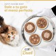 Menú Gourmet Catit DUET: Cuatro platos con las variedades de trocitos en salsa, servidos en bandeja de plata a un gato.