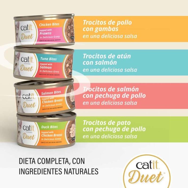 Las cuatro variedades de Catit DUET: Pollo con Gambas, Atún con Salmón, Salmón con Pechuga de Pollo, Pato con Pechuga de Pollo. Dieta completa.